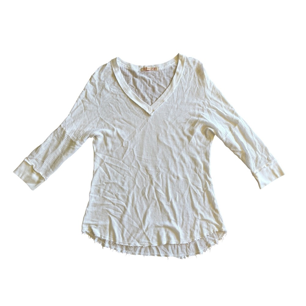 XCVI Wearables Festival Beachy White‎ Mesh Knit V-Neck Top 3/4 Sleeve Frayed Hem